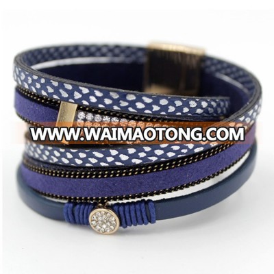 Fashion handmade leather unisex diamond-encrusted magnetic bracelet