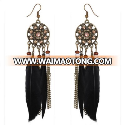 Newest design high quality feather tassel diamond flower earrings